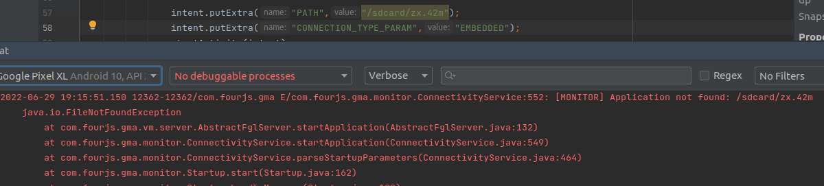 Screenshot of error message in Android Studio when specifying a path to a Genero application which doesn't exist