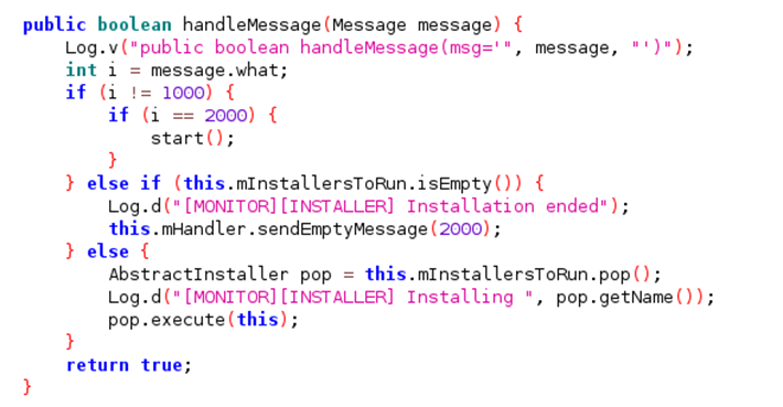Screenshot of the handleMessage function