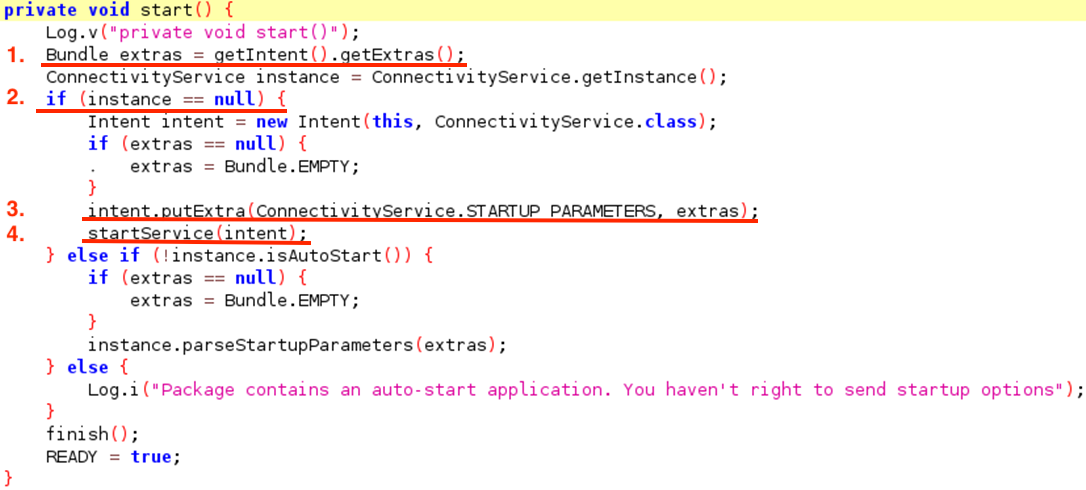 Screenshot of Statup function showing how the malicious Intent data is read and passed to the ConnectivityService