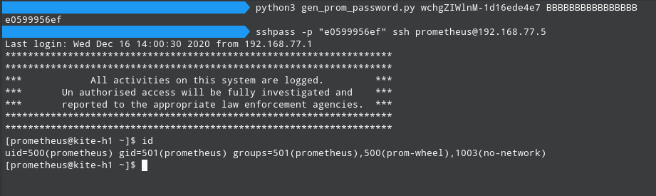 Screenshot of successful SSH login into the kiteworks VM, using the generated password. Once authenticated the command id is run and it shows that we are the prometheus user