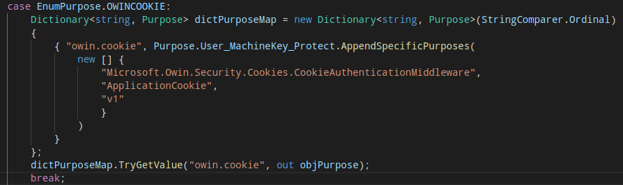 The existing purpose string for OWIN auth cookie in DefinePurpose.cs