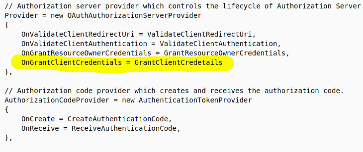 Set OnGrantClientCredentials to the GrantClientCredentials method