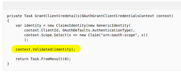 Call the context.Validated method on the identity