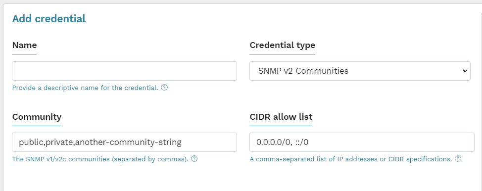 The runZero interface for setting a SNMPv2 credential. There is a CIDR allow list field which accepts a comma seperated list of IP or CIDR specifications