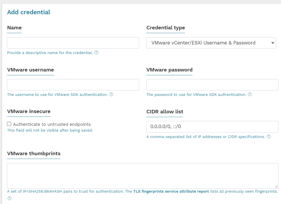 The runZero interface for setting a VMware credential. There is a CIDR allow list, and also a field for entering TLS thumbprints of VMware instances