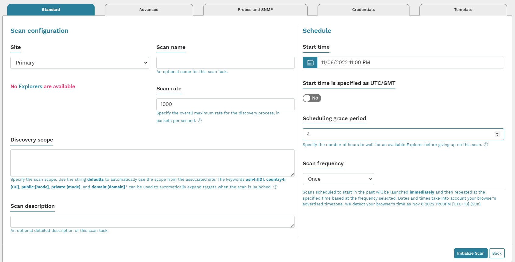 The runZero scan interface. It is very simple, and a tab is visible labeled "Credentials"