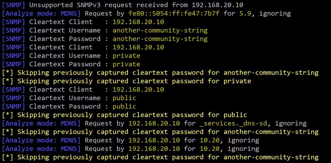 CLI window of Responder output, showing that several SNMP community strings have been captured in plaintext, such as "another-community-string", "public", and "private"